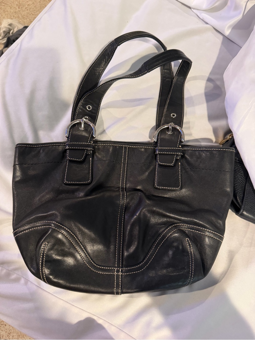 Black Leather Shoulder Tote Bag with Contrast Stitching